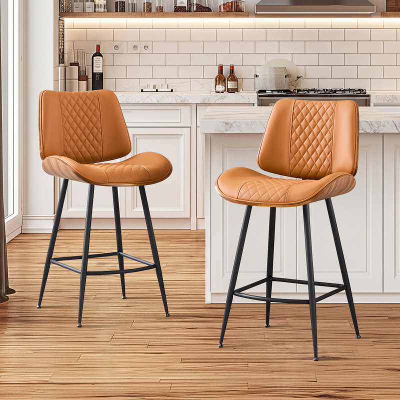 26.97" Counter Stool With Faux Leather And Curved Walnut Wood Backrest Design, Whiskey Brown