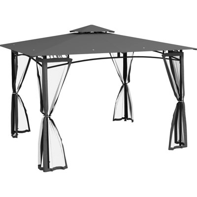 Gazebo de patio 3 m x 3,6 m avec moustiquaire, toit double, auvent extérieur pour jardin, pelouse, cour arrière, terrasse, métal, gris foncé, fixation par soudure