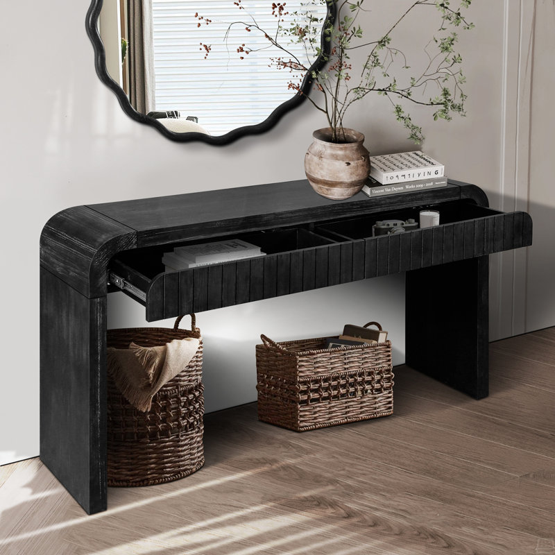 Table de hall d'entrée artisanale, deux tiroirs à poignées cachées, console de ferme, Noir