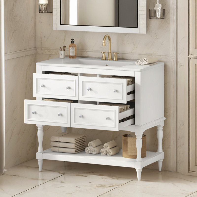 Ensemble de meuble-lavabo autoportant avec 4 tiroirs, Blanc
