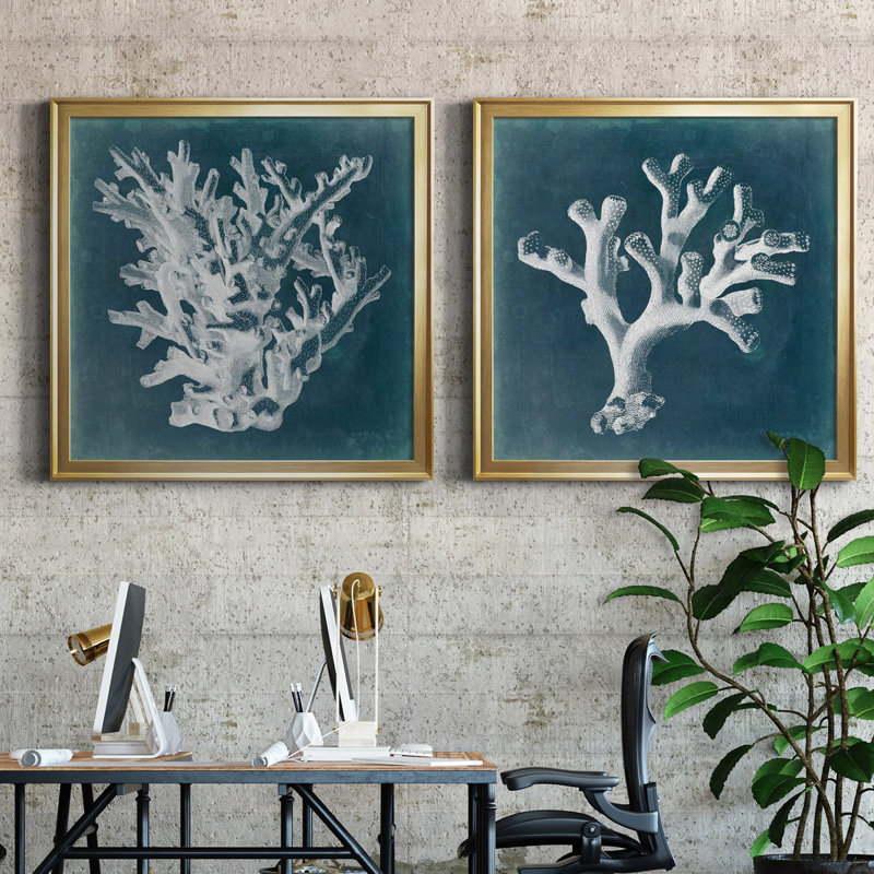 Azure Coral I - ensemble de 2 cadres photo sur toile, Toile encadrée d'or, H 26,5 po x l 53 po x P 1,5 po