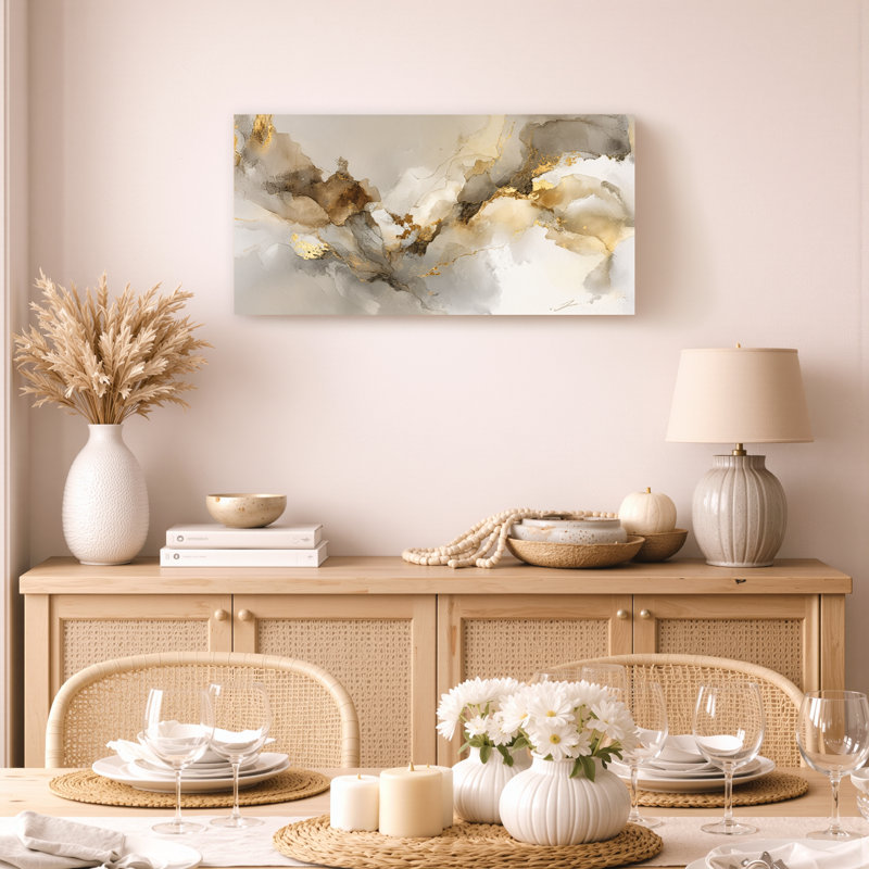 Toile abstraite dorée, H 20 po x l 40 po