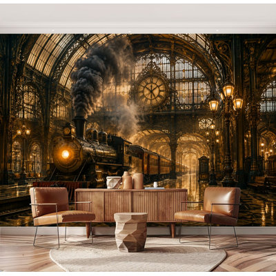 Papier peint mural autocollant et repositionnable, motif de train vintage et grande gare architecturale lumineuse, idéal pour le salon, la chambre ou la chambre d'enfant (175 cm H x 244 cm L).