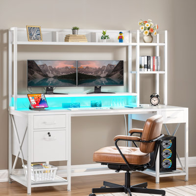 Labinot Metal Base Computer Desk with Power Outlet