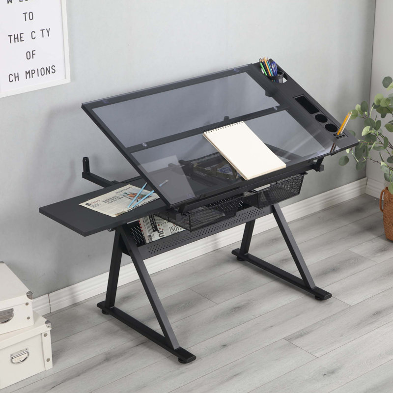 adjustable tempered glass drafting printing table with chair, Grey