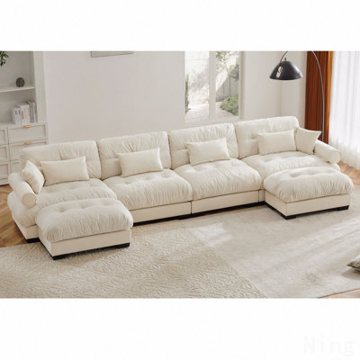 Canapé modulaire en U avec canapé-lit modulaire en U avec repose-pieds amovibles, canapé d'angle rembourré en velours moderne et confortable à 4 places avec accoudoirs capitonnés, coussin de taille et coussins décoratifs, crème