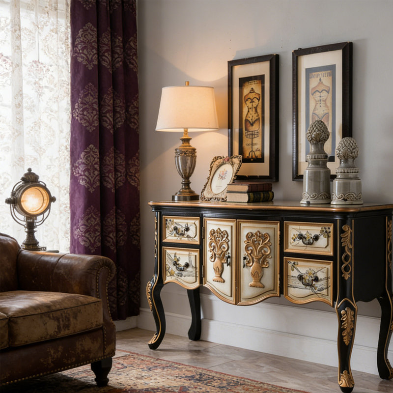 American-style multi-functional entrance cabinet, 35.03" H x 47.24" W x 17.51" D, Black/Gold/Cream