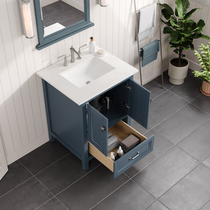 Glebs 24 In. W X 22 In. D Freestanding Bath Vanity In Ash Blue With White Carrara Quartz Top