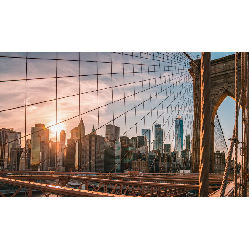 Pont de New York, pont suspendu, pierre, paysage urbain, coucher de soleil, jaune, bleu, H 26 po x l 50 po x P 1,5 po