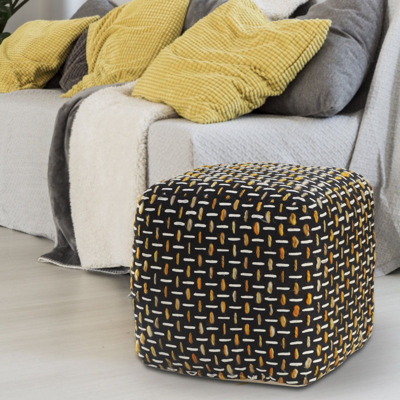 16" Polyester Ottoman, Black/White/Orange