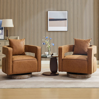 29.1" W Polyester Hollow Back Swivel Barrel Chair With Wooden Base (Set Of 2)