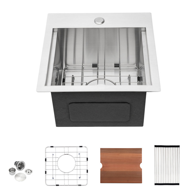 15 Inch Drop - In Single Basin Stainless Steel 18 Gauge Workstation Kitchen Sink, T304, Rust , Radial Slope For Water Flow, Front And Back Ledges Extra Space, Package With Cutting Board Rollup Rack X