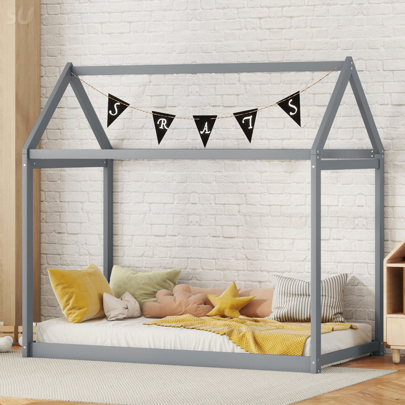 Twin Size Wooden House Bed, Grey, Bed