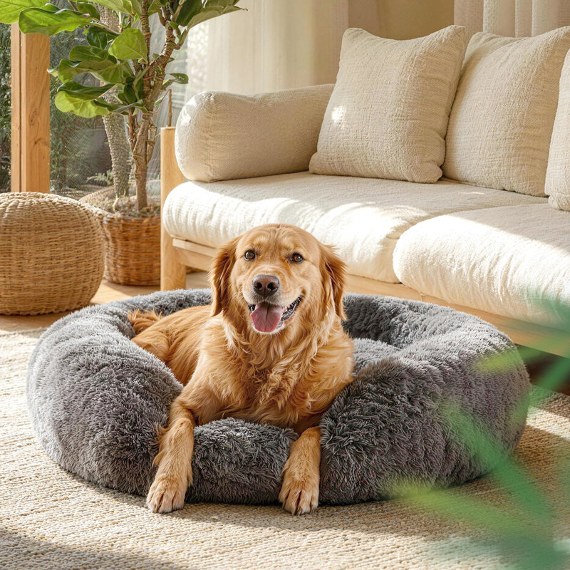 Lit pour chien apaisant pour la maison, lits pour animaux de compagnie en forme de beignet anti-angoisse, lits pour chien avec fausse fourrure moelleuse, lit pour chien lavable et chaud 