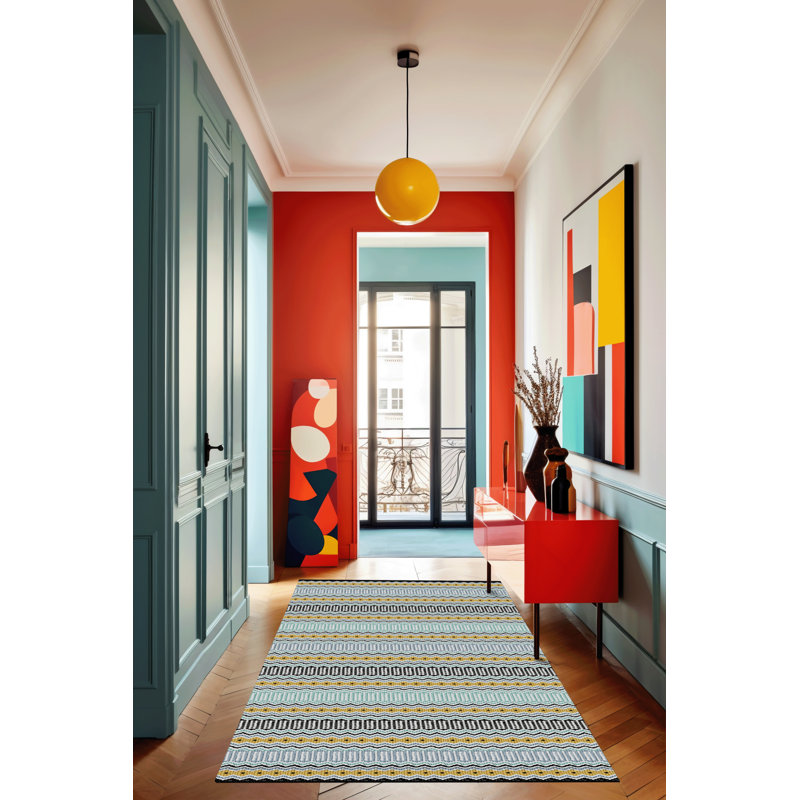 Multi-Colored Stripe Sectioned Geometric Patterned Modern Decorative Rug, Runner 3'3.37" x 6'6.74"