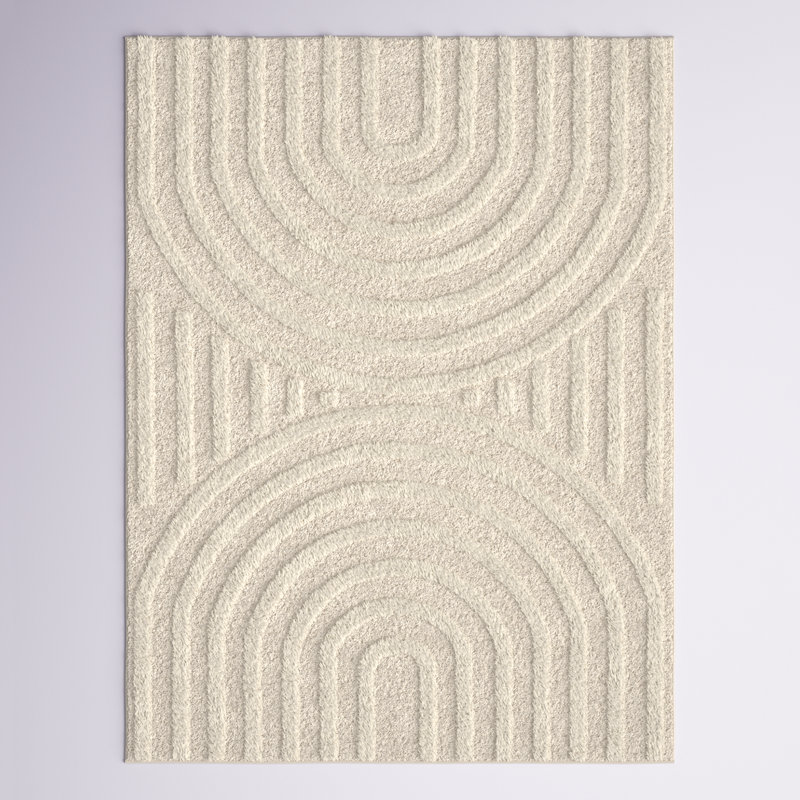Tapis beige à poils longs Bartletto, Carré 7 pi 11 po, Beige / Blanc