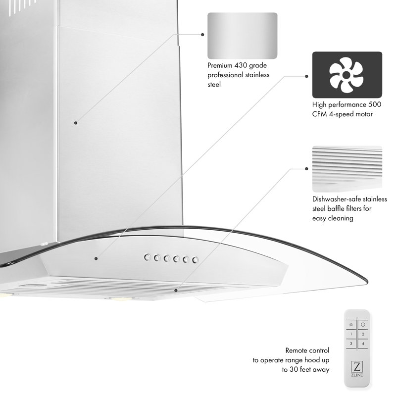 36" 400 CFM Convertible Wall Mount Range Hood in Stainless Steel with Remote Control Included