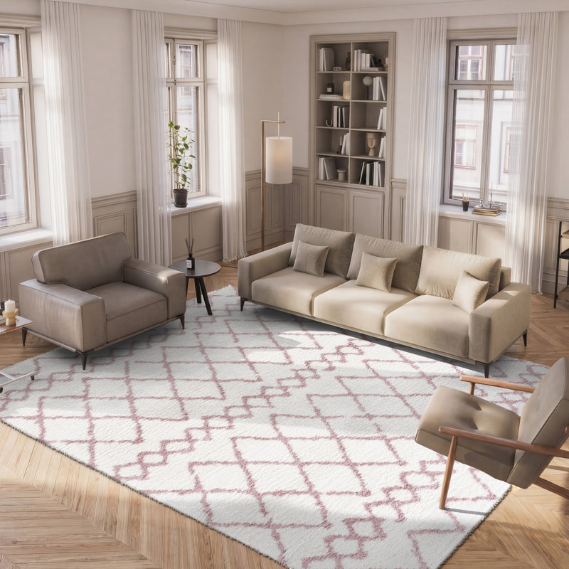 Tapis géométrique ivoire / rose clair Allandy, Rectangle 8 pi x 10 pi