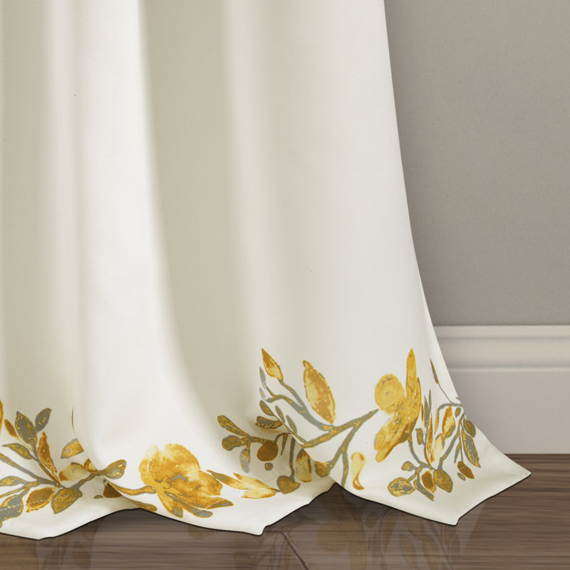 Yellow and Gray Floral Polyester Blackout Window Curtain Panels