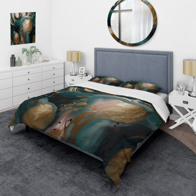 Ensemble de housse de couette en microfibre / polyester marbré doré et vert Euphoria I Bedding