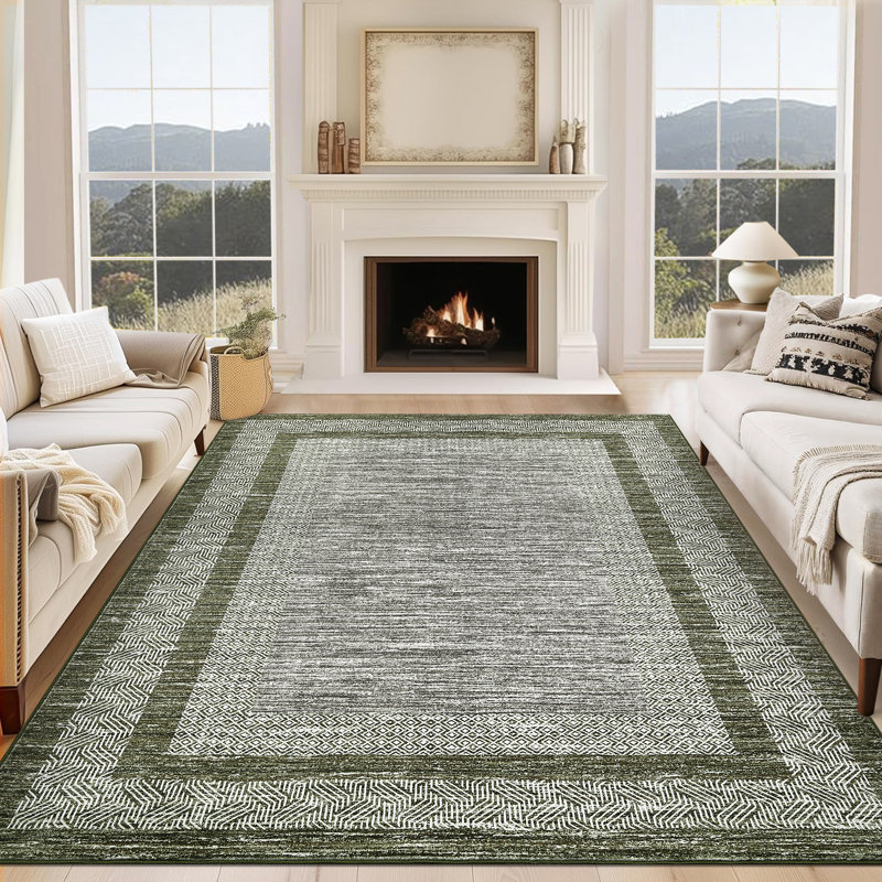 Mcquay Machine Washable Rug Non-Shedding Rug for Living Room Bordered Design Modern Rug Soft Fluffy Pile Throw Rug Indoor Carpet Ultra-Thin Floor Cover for Bedroom Hallway Dining Room Kitchen Office Playroom
