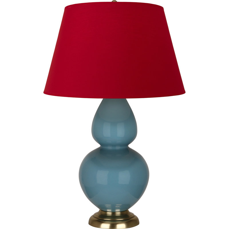 Lampe de table double gourde en céramique, Blanc cassé, Bleu acier émaillé / laiton, Laiton