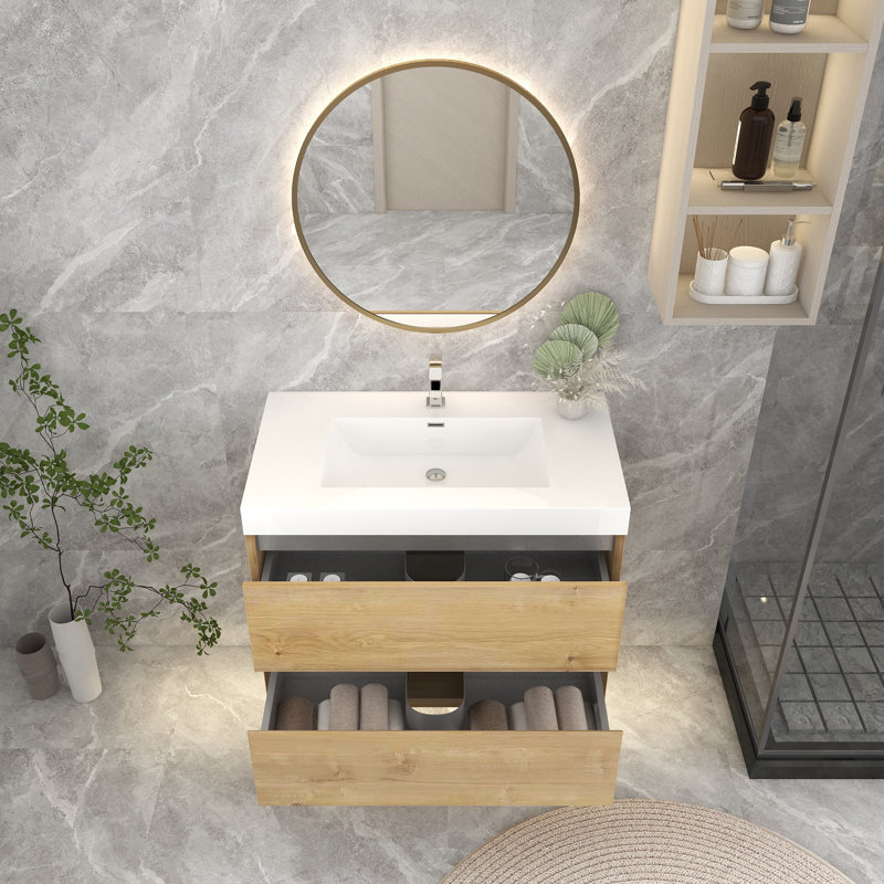 Ensemble de meuble-lavabo simple 35 po mural, Chêne