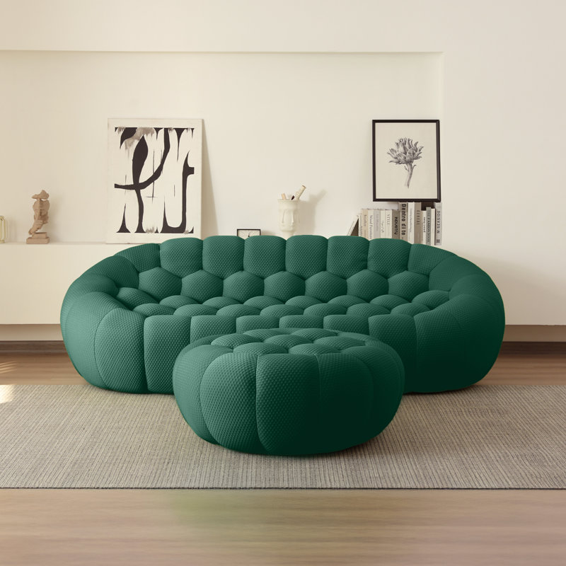 Kayi 98.43" Upholstered 3-seat Pumpkin-shaped Compression Sofa With Ottoman, No Assembly Required, Green