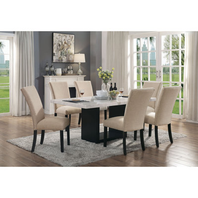 Gorgeous Marble Top Table W 6X Side Chairs Beige Fabric Upholstered Chair Dining Room 7Pc Set Black Wooden Furniture