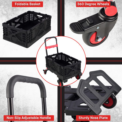 2-in-1 Folding Hand Truck Dolly Cart with Wheels and Basket - 330lb Heavy Duty Luggage Cart with Wheels Foldable Dolly - Collapsible Utility Trolley with Bungee for Moving, Travel, Shopping or Office