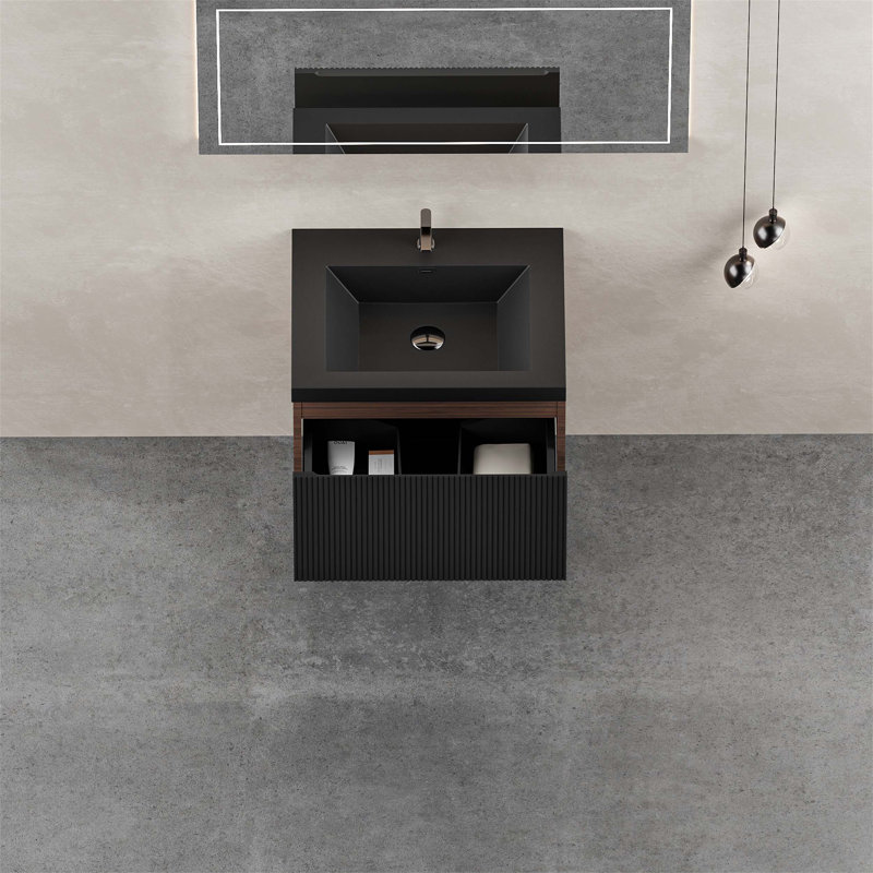 Meuble-lavabo mural flottant avec lavabo, meuble de rangement mural moderne avec tiroir à fermeture en douceur, idéal pour les salles de bain compactes et fonctionnelles.