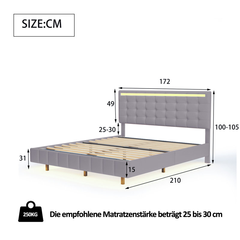 Carrubba Upholstered Bed, Grey