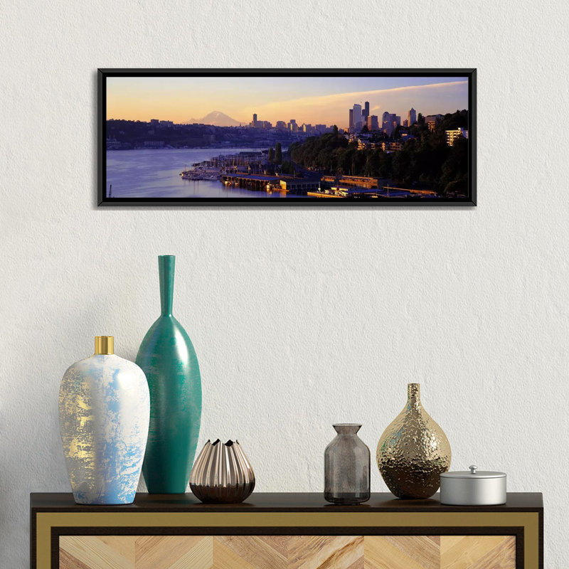 "panoramic sunrise, lake union, seattle, washington state, usa— reproduction de photo sur toile tendue, Cadre noir