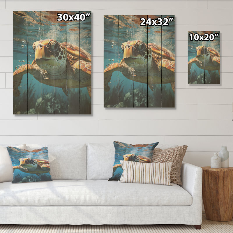 «Whimsical Of A Turtle As An Ocean Explorer II», art mural panneau de bois sur bois de pin naturel, H 20 po x l 10 po