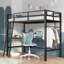 Lit mezzanine en métal avec bureau en forme de L, base de lit mezzanine pour station de charge, barrière de sécurité et échelle, aucun sommier nécessaire, noir
