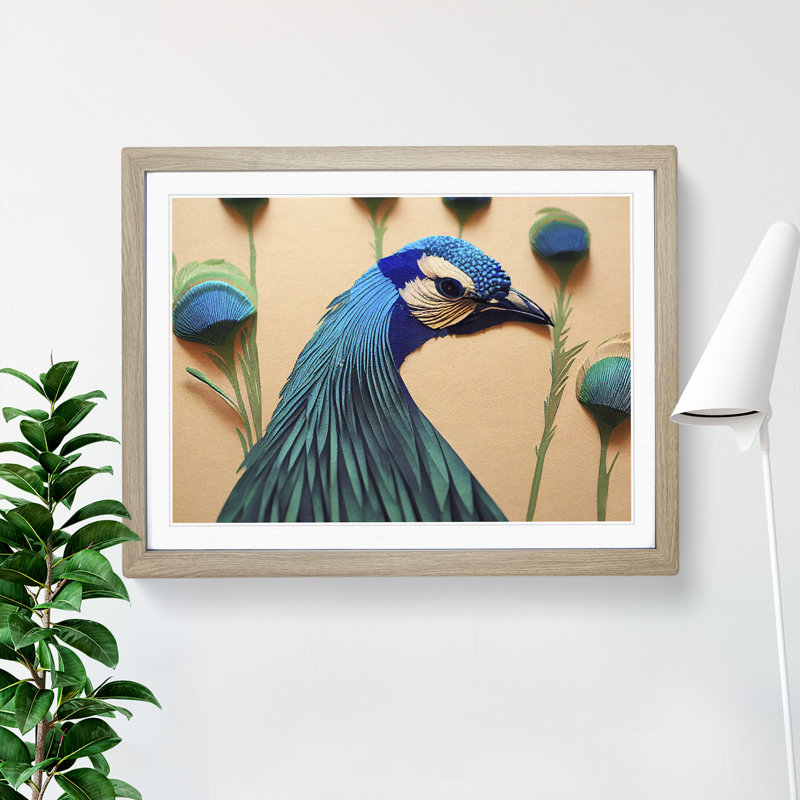 Outstanding Peacock - Single Picture Frame Print, 25cm H x 34cm W x 2cm D, Oak