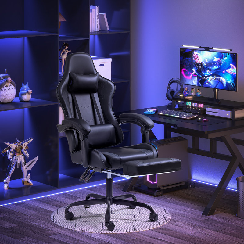 Adjustable Video Gaming Chair with Massage Swiveling PC & Racing Game Chair with Footrest, Black