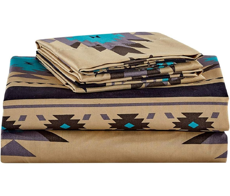 California King Teal Beige Microfiber Southwestern Bed Sheet Set