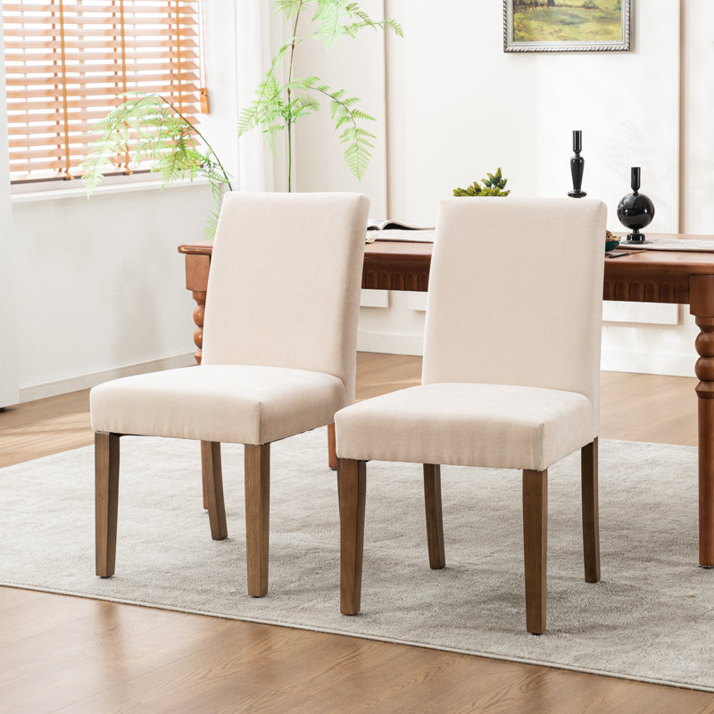 Fabric Upholstered Dining Chair Side Chair With Solid Wood Legs, Beige, 6