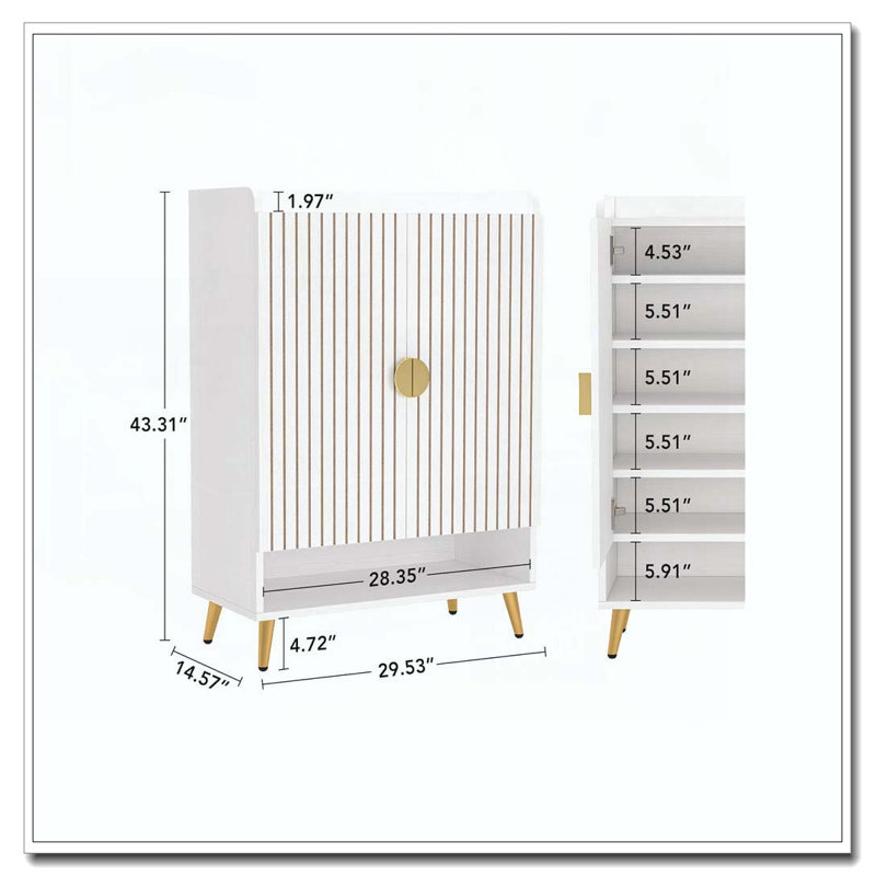 Range-chaussures en bois avec portes et rangement à chaussures à 7 niveaux, Blanc / Doré