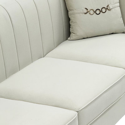 Modern Velvet 3-Seater Sofa with Vertical Channel Tufting and Throw Pillows