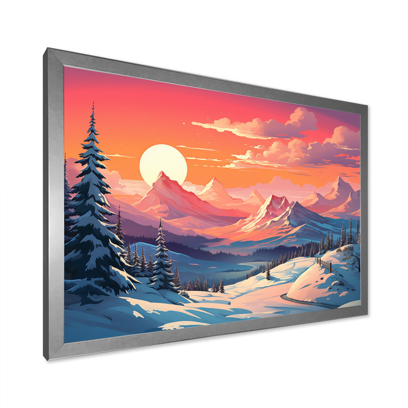 Coucher de soleil sur les montagnes d'hiver, Cadre de coin argenté fermé, H 12 po x l 20 po x P 1 po