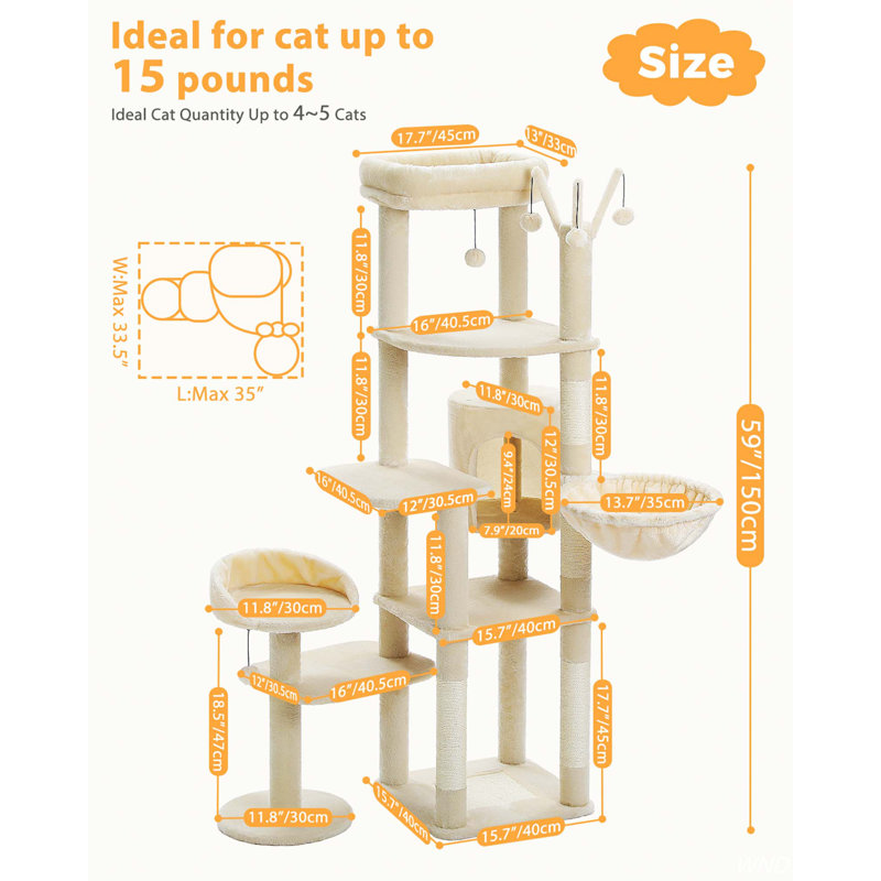 Multi-Level Cat Tree Cat Tower With 3 Removable Pompom Sticks, Cat Condo With Hammock, Scratching Post & 2 Perches, Beige