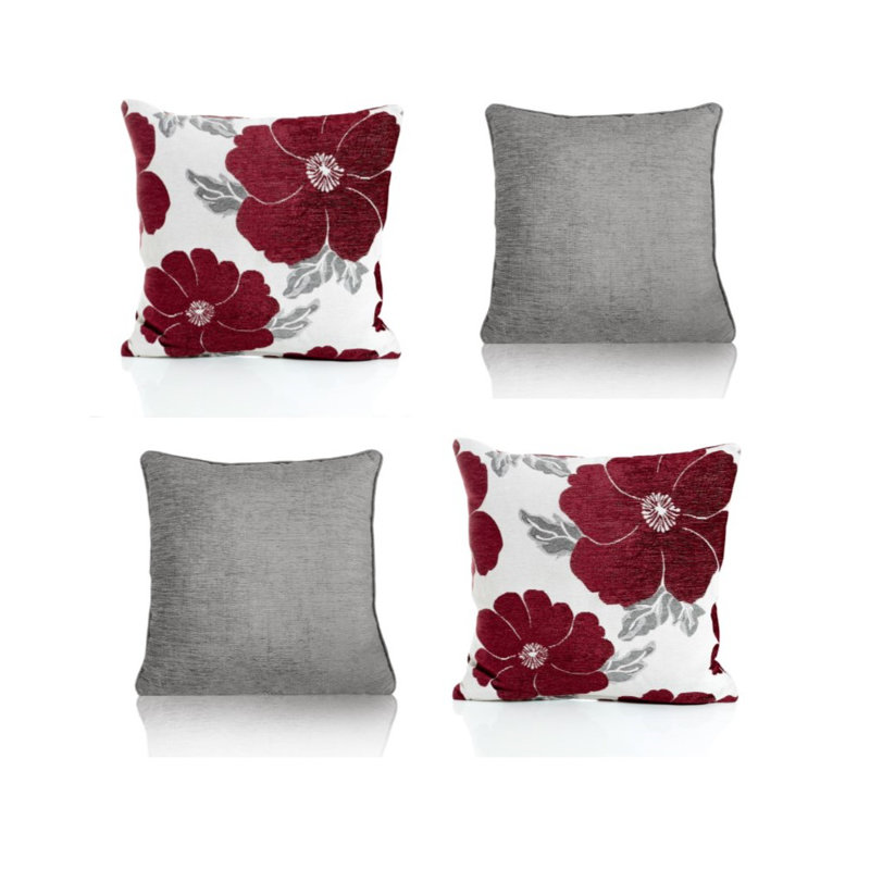 Darionte Poppy Chenille Cushion Cover with Filler Pad, Blue/Charcoal, 45 cmH x 45 cmW