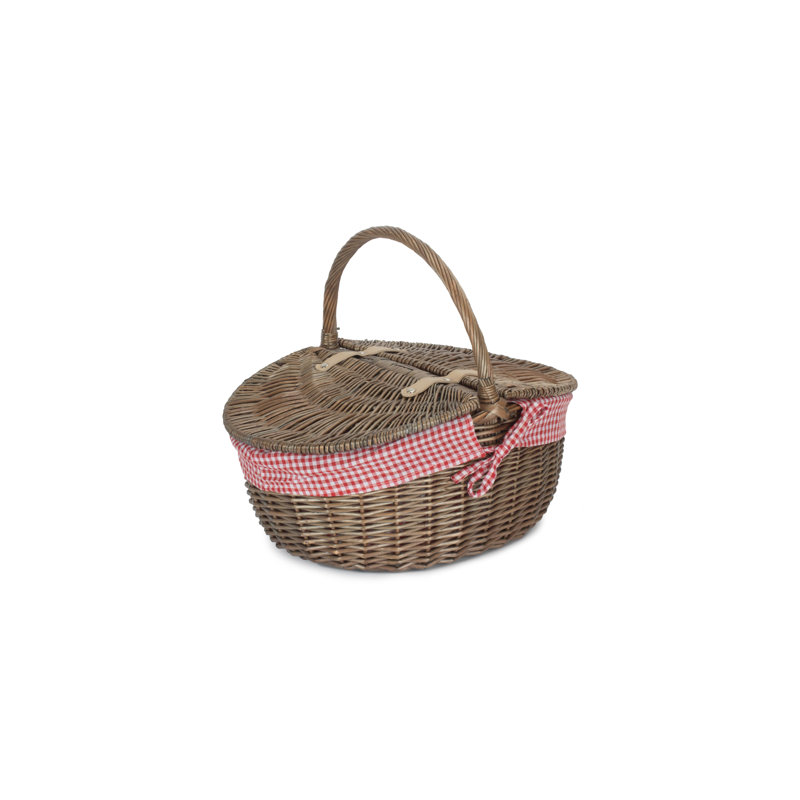Wicker Picnic Hamper Basket with Lining, Antique Wash/Red White Lining