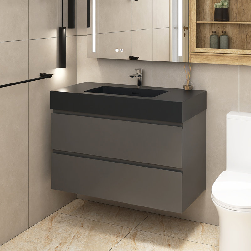 Sibin 35.8'' Single Bathroom Vanity with Solid Surface Top, Matte Black, Gray