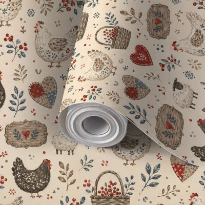 Peel and Stick Wallpaper Contact Paper Rustic Farmhouse Chickens Cows Hearts Floral Self Adhesive and Removable 24in x 118in(60x300cm)