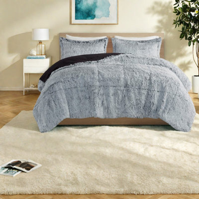 Ensemble de literie moderne en fausse fourrure, édredon en polyester gris et taies décoratives pour chambres douillettes