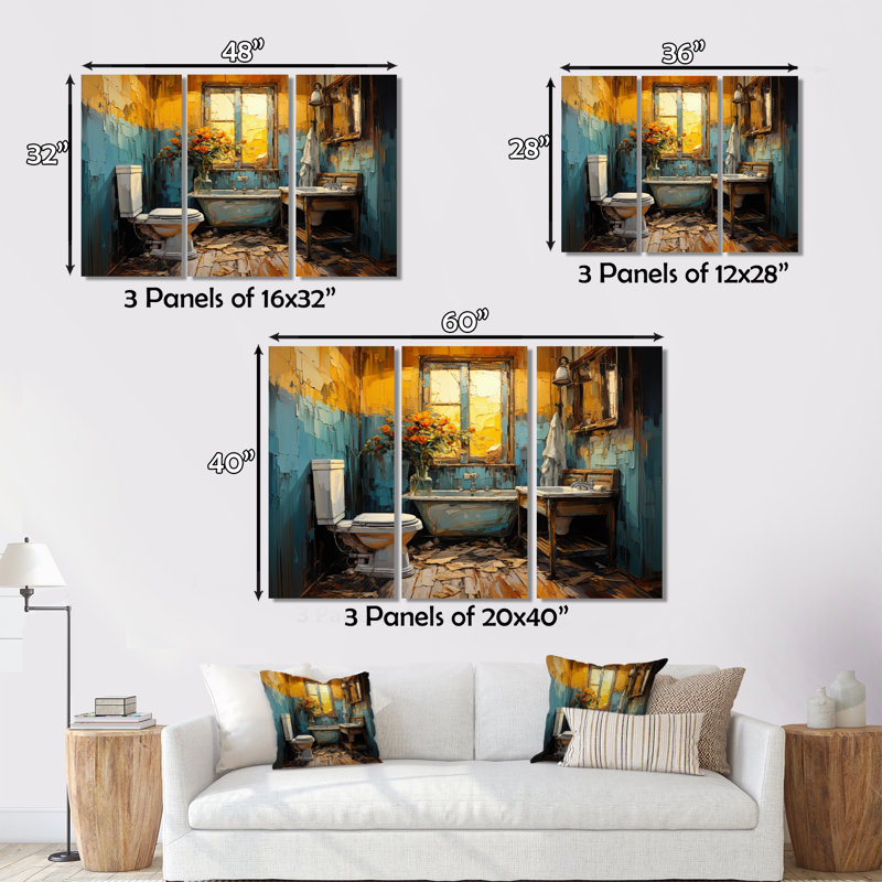 «Bathroom Bathroom», peinture sur toile 3 pièces, H 28 po x l 36 po x P 1 po