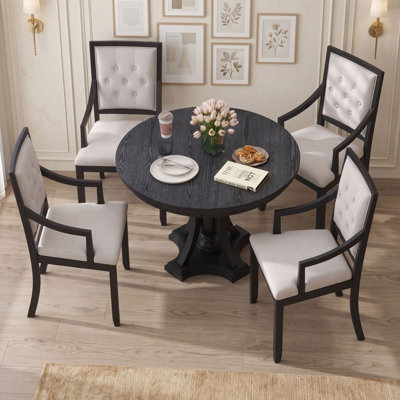 Retro 5-Pcs Extendable Dining Table Set with Round Table and 4 Upholstered Armchairs for Dining Room